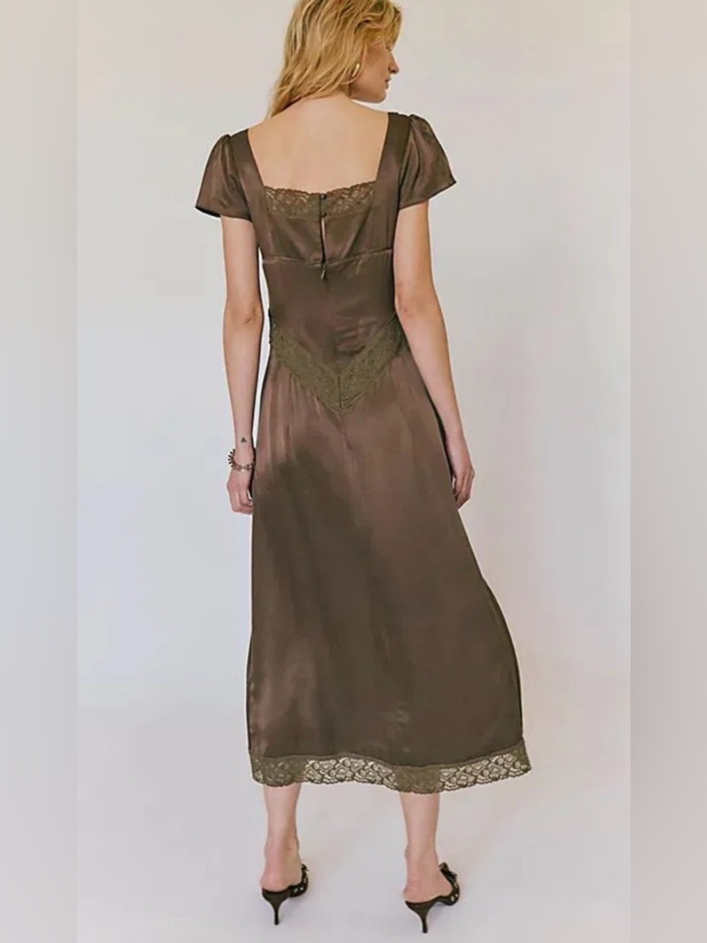 Free People Brown Olive Satin Lace-Trim Midi Slip Dress - Picture 2 of 10